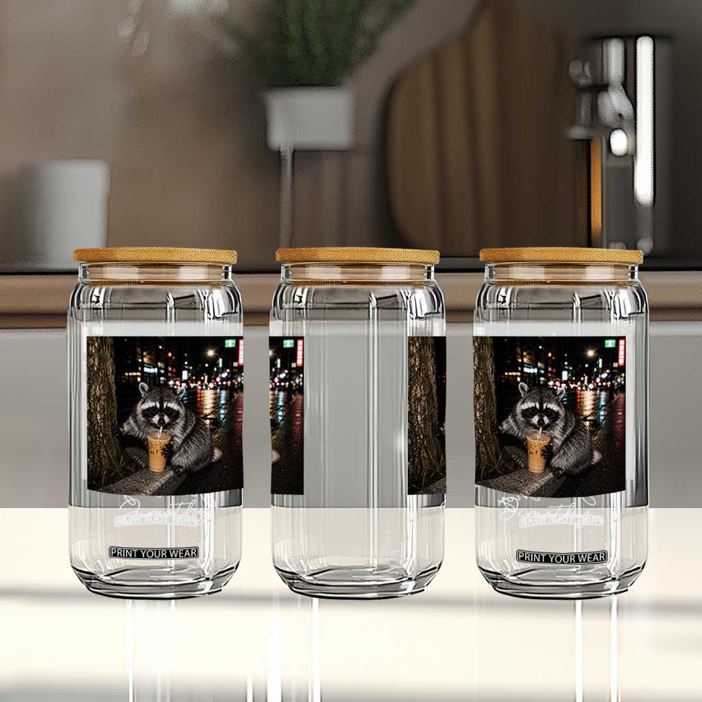 Jimothy Raccoon Drinking Iced Coffee Night City Aesthetic Glass Can