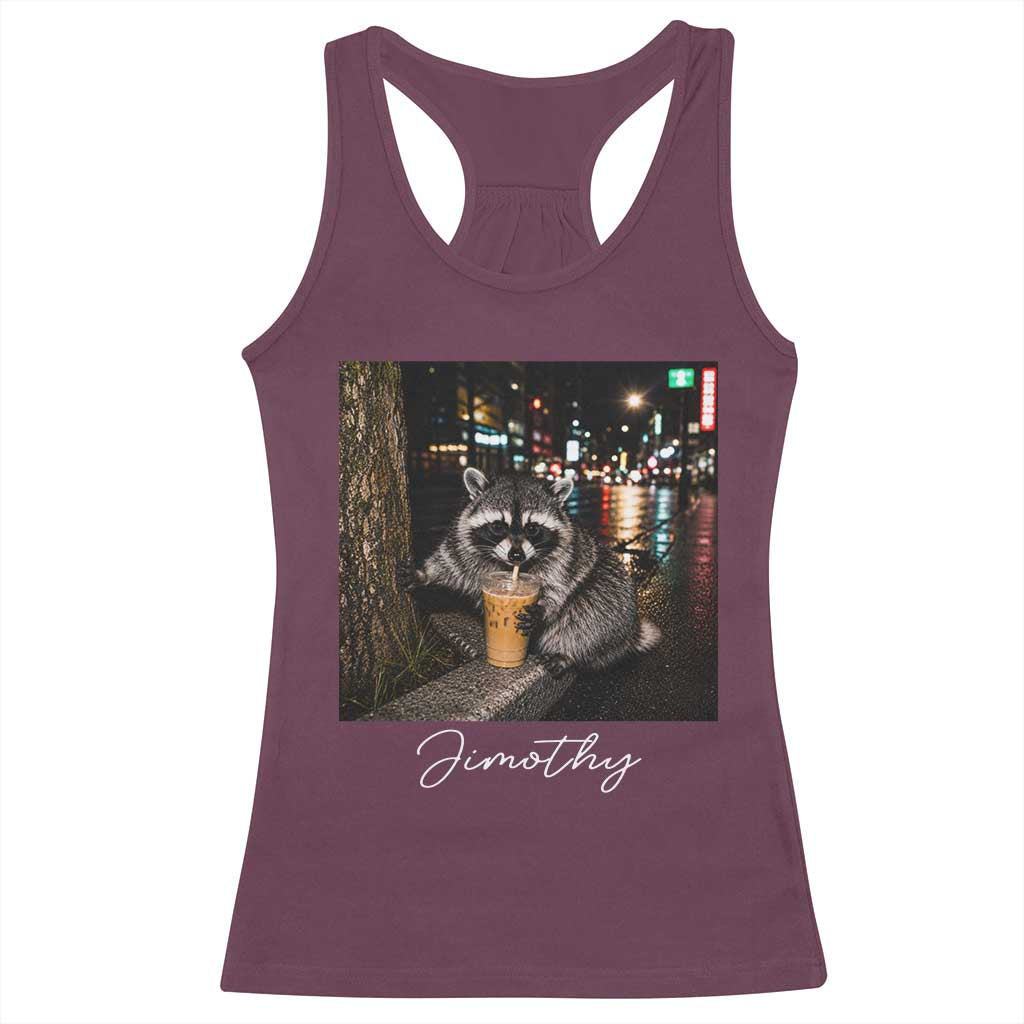 Jimothy Raccoon Drinking Iced Coffee Night City Aesthetic Racerback Tank Top