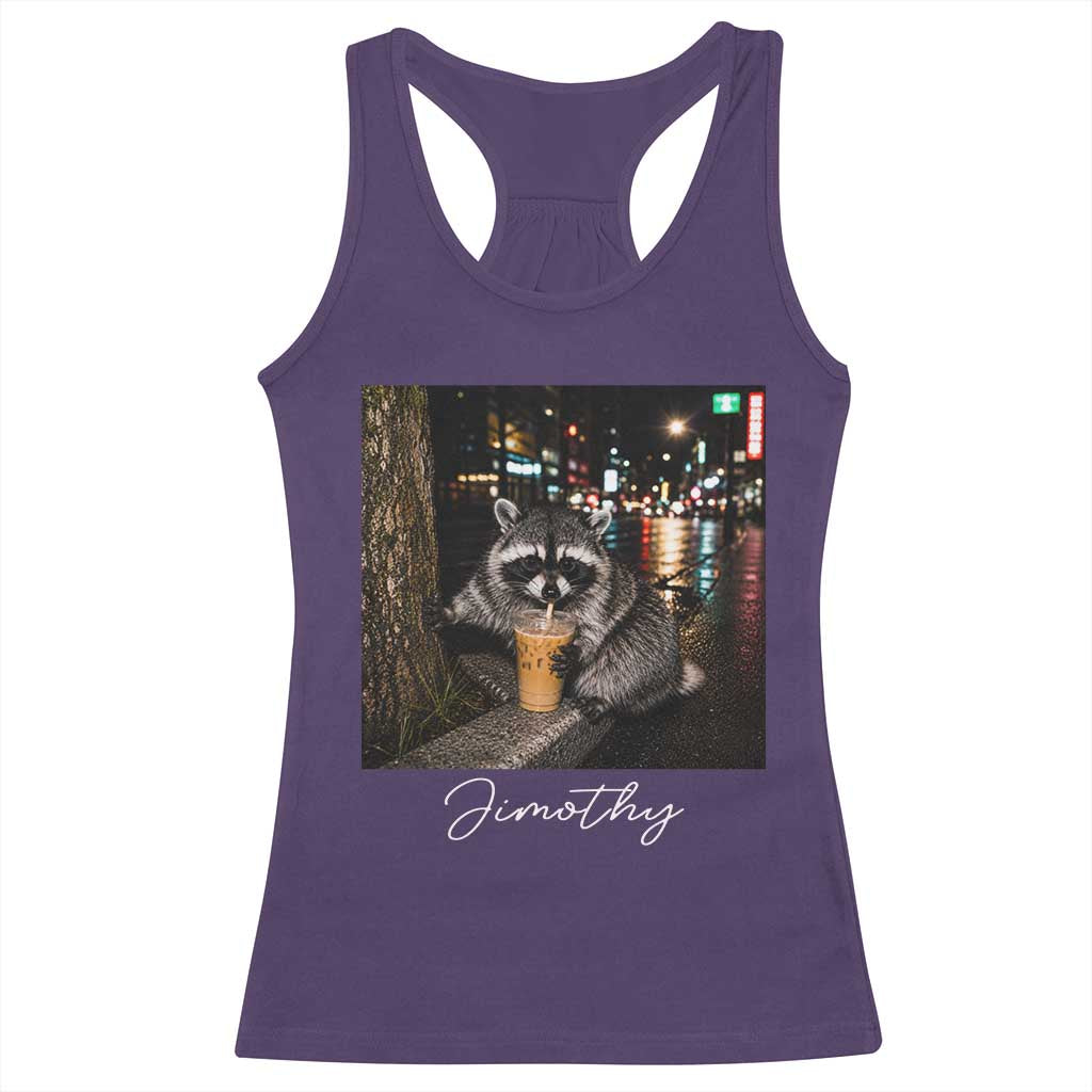 Jimothy Raccoon Drinking Iced Coffee Night City Aesthetic Racerback Tank Top