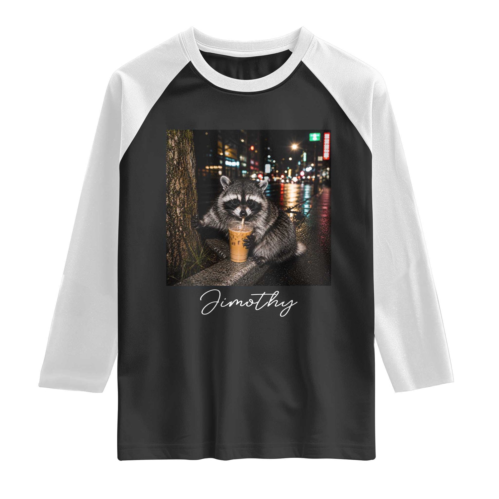 Jimothy Raccoon Drinking Iced Coffee Night City Aesthetic Raglan Shirt TS10 Black White Print Your Wear