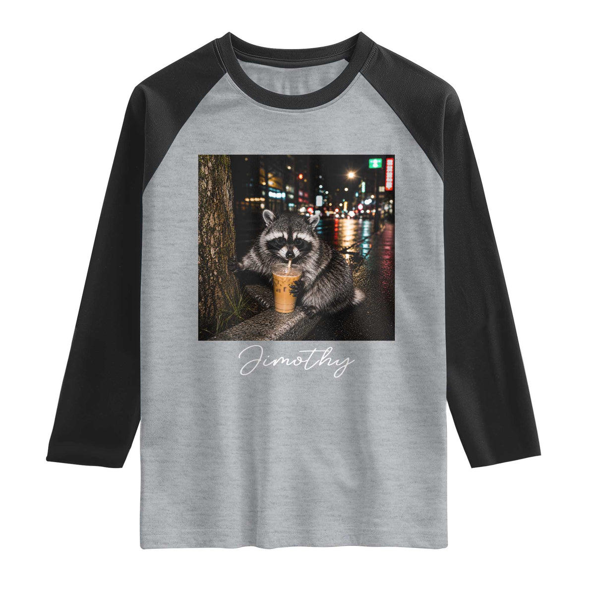 Jimothy Raccoon Drinking Iced Coffee Night City Aesthetic Raglan Shirt