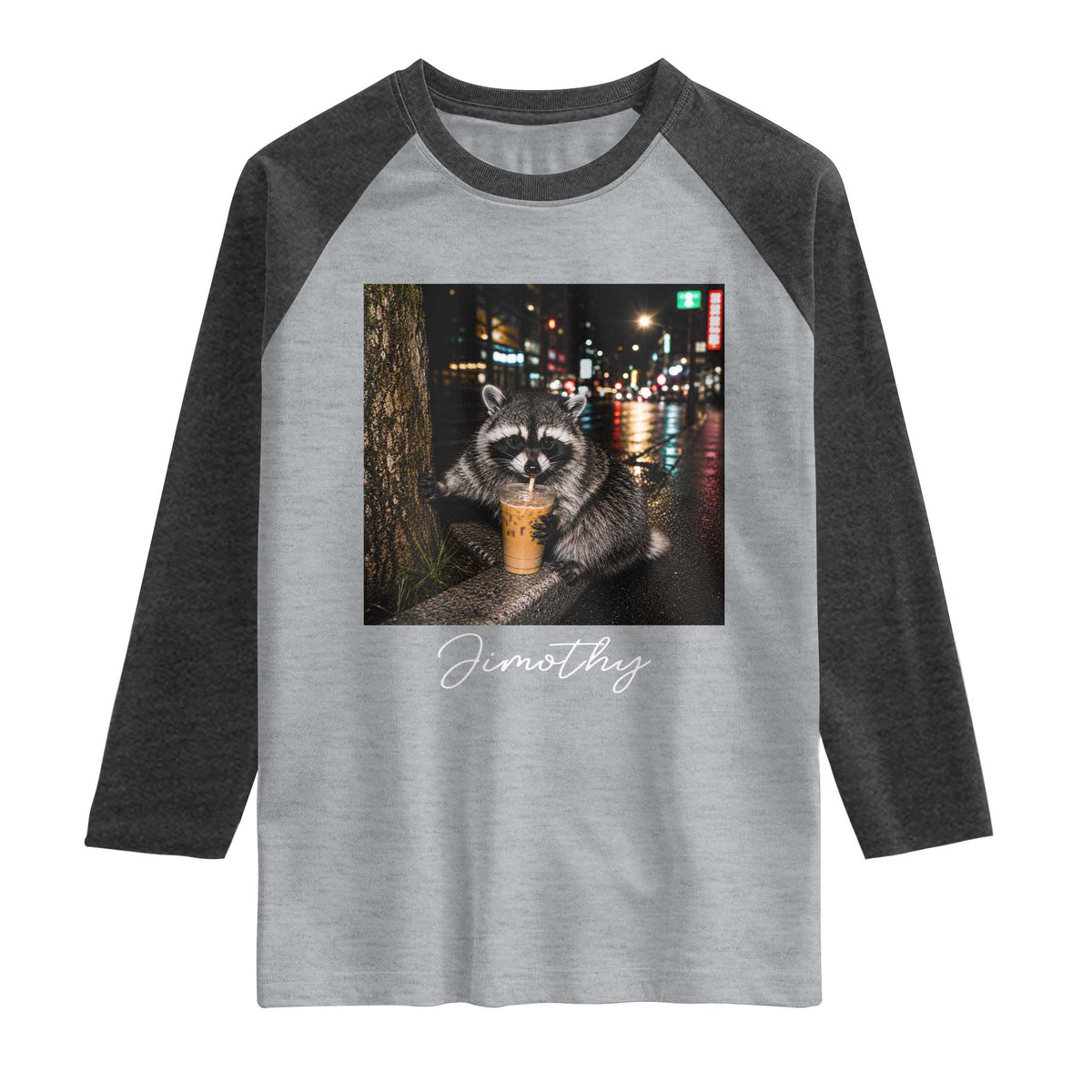 Jimothy Raccoon Drinking Iced Coffee Night City Aesthetic Raglan Shirt