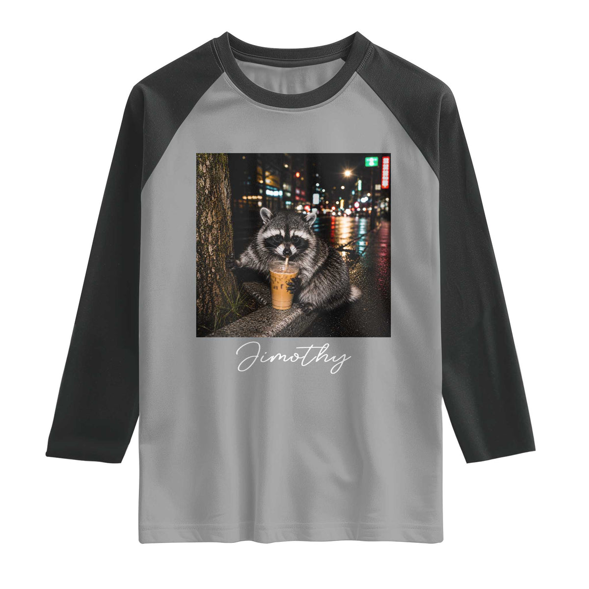 Jimothy Raccoon Drinking Iced Coffee Night City Aesthetic Raglan Shirt