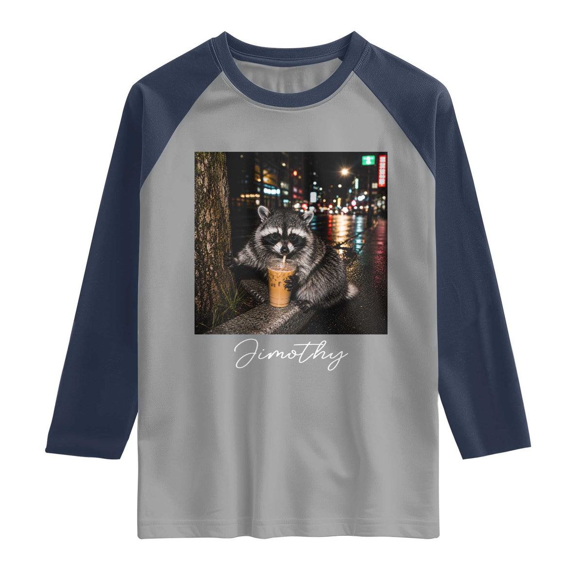 Jimothy Raccoon Drinking Iced Coffee Night City Aesthetic Raglan Shirt