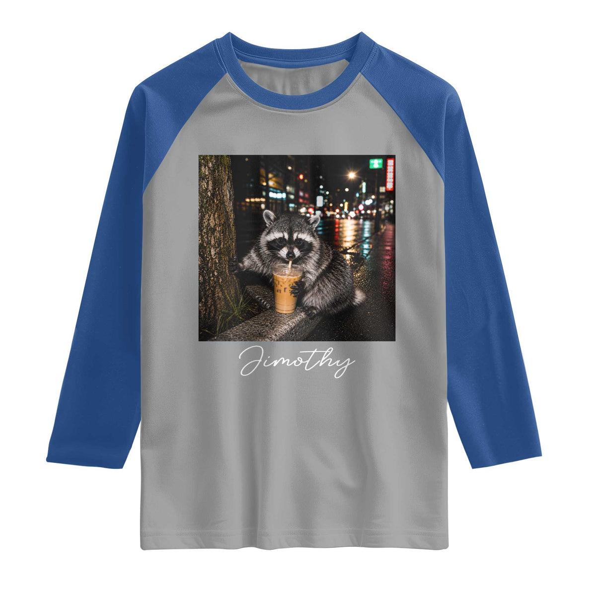 Jimothy Raccoon Drinking Iced Coffee Night City Aesthetic Raglan Shirt