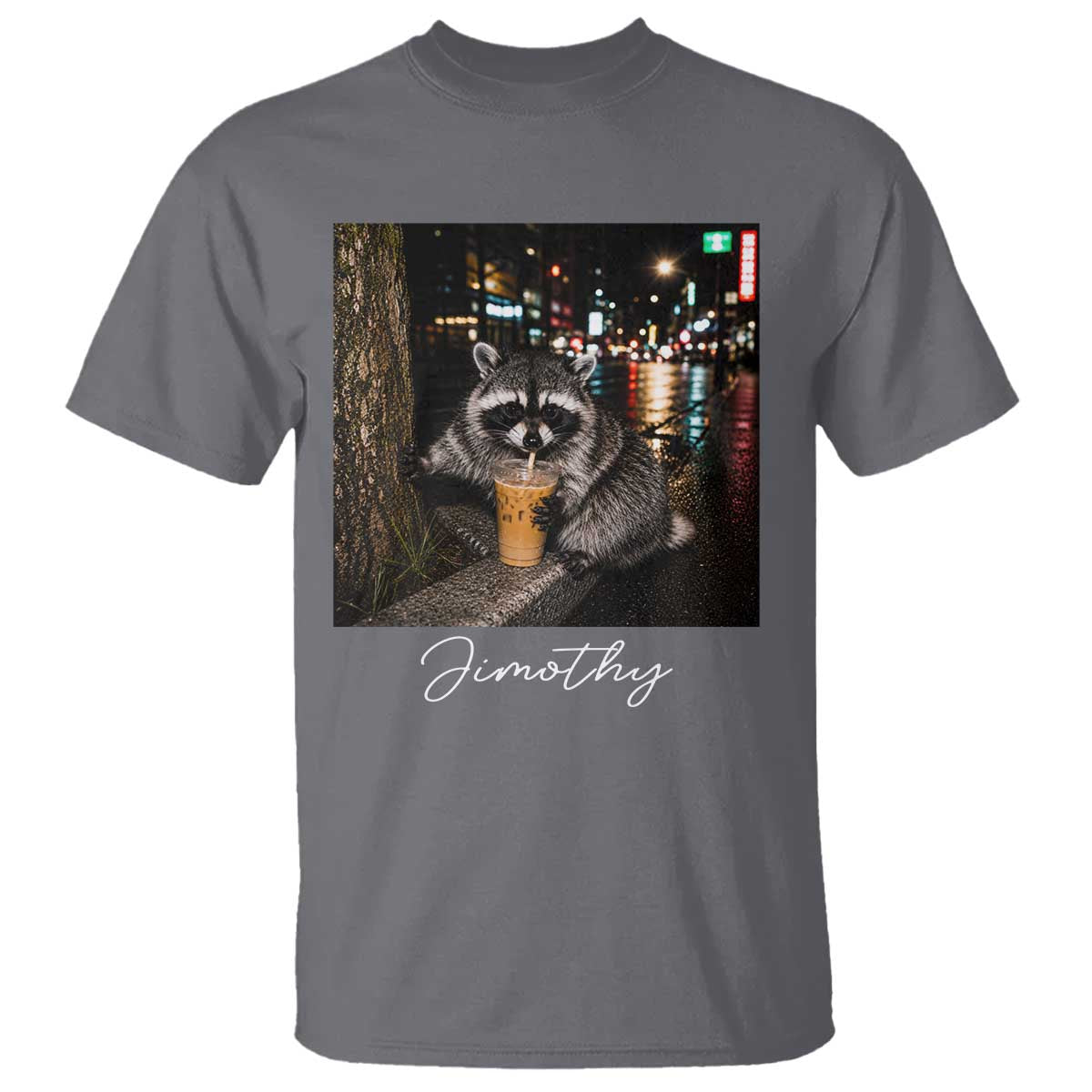Jimothy Raccoon Drinking Iced Coffee Night City Aesthetic T Shirt