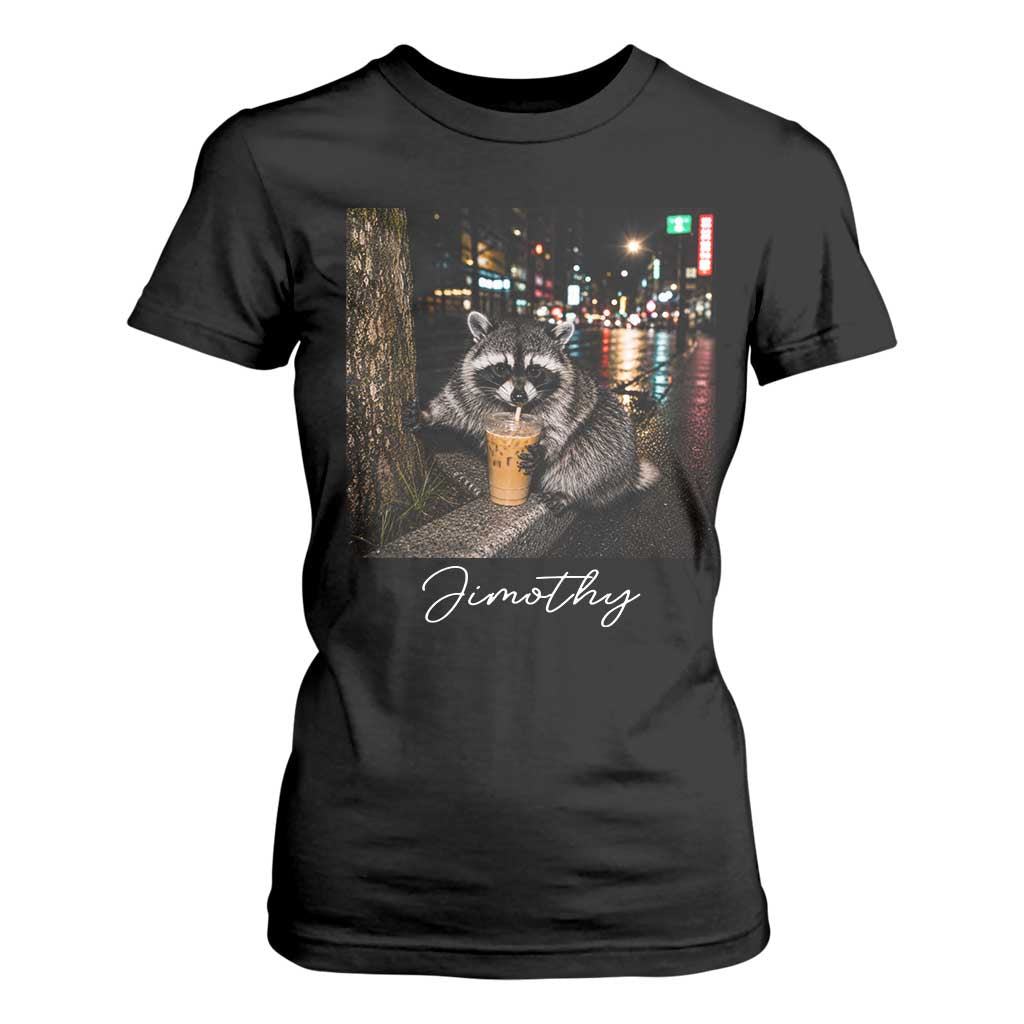 Jimothy Raccoon Drinking Iced Coffee Night City Aesthetic T Shirt For Women TS10 Black Print Your Wear