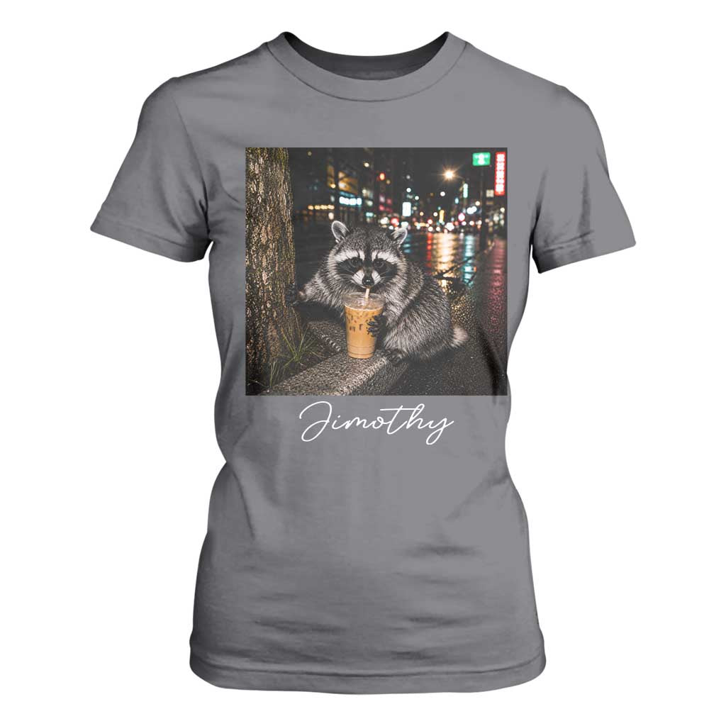 Jimothy Raccoon Drinking Iced Coffee Night City Aesthetic T Shirt For Women