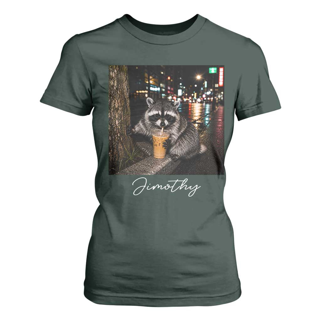 Jimothy Raccoon Drinking Iced Coffee Night City Aesthetic T Shirt For Women
