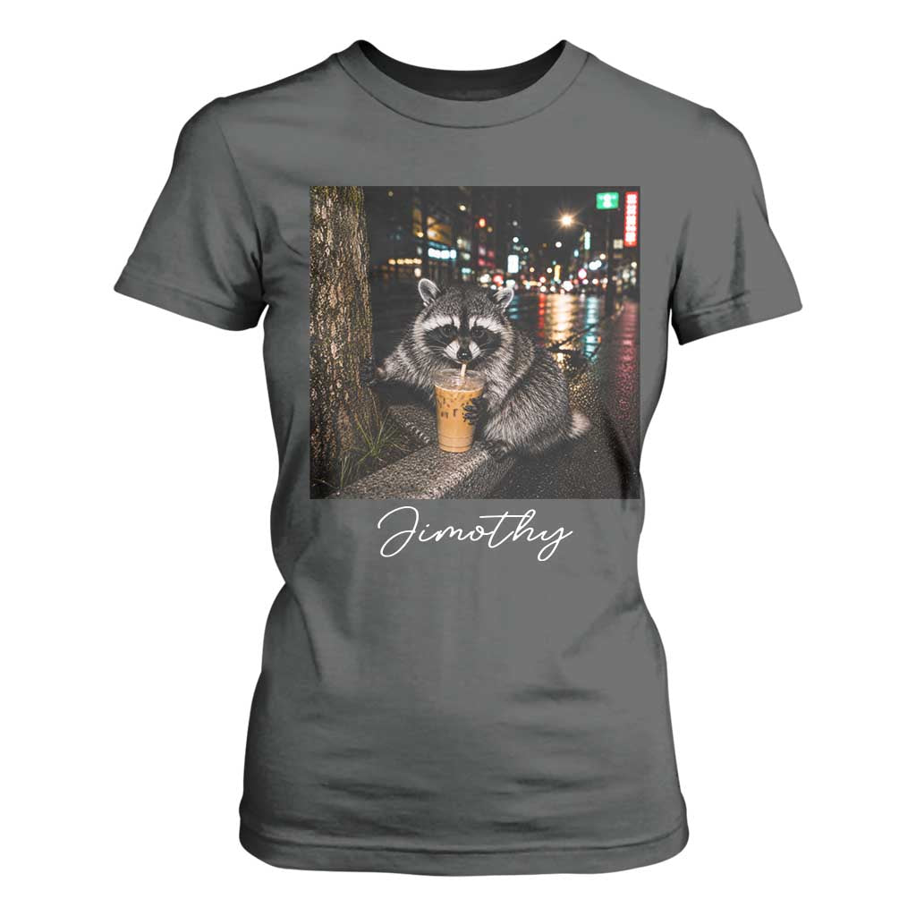 Jimothy Raccoon Drinking Iced Coffee Night City Aesthetic T Shirt For Women