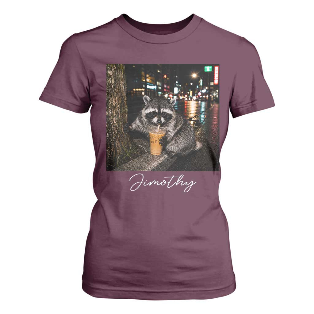 Jimothy Raccoon Drinking Iced Coffee Night City Aesthetic T Shirt For Women