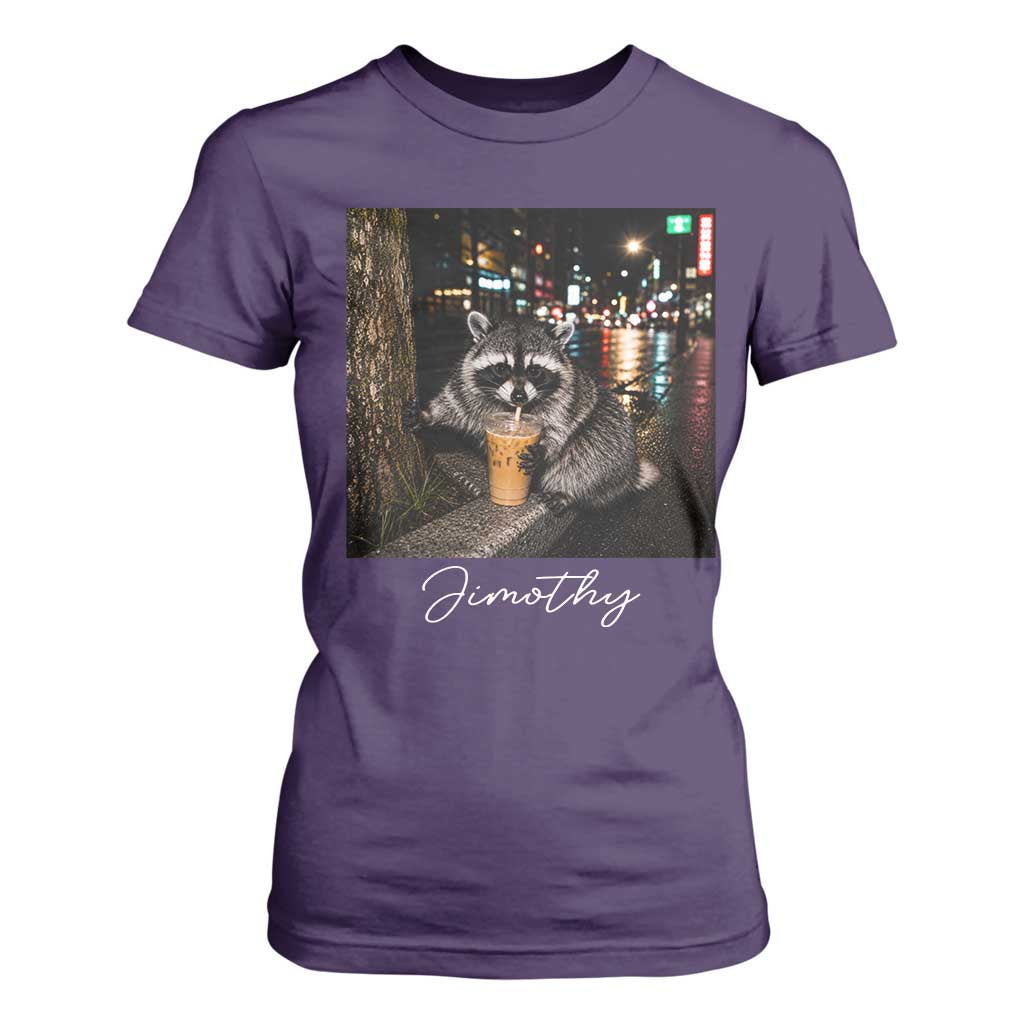 Jimothy Raccoon Drinking Iced Coffee Night City Aesthetic T Shirt For Women