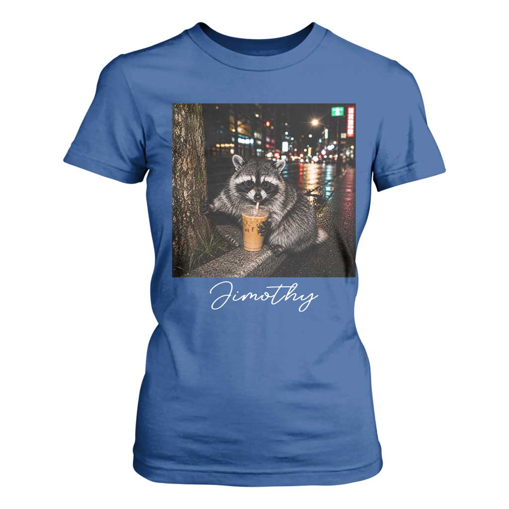 Jimothy Raccoon Drinking Iced Coffee Night City Aesthetic T Shirt For Women