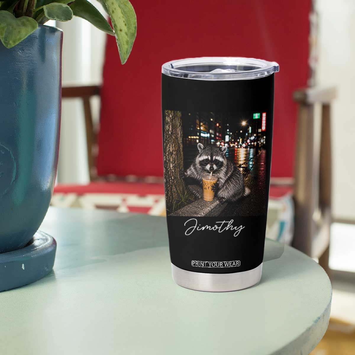 Jimothy Raccoon Drinking Iced Coffee Night City Aesthetic Tumbler Cup