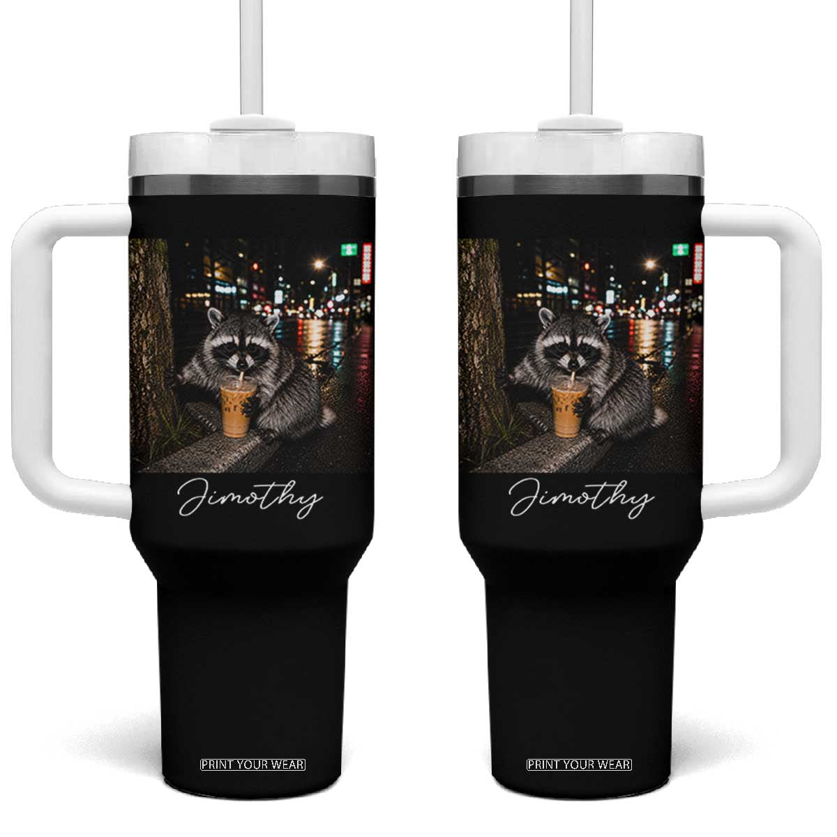 Jimothy Raccoon Drinking Iced Coffee Night City Aesthetic Tumbler With Handle TS10 One Size: 40 oz Black Print Your Wear