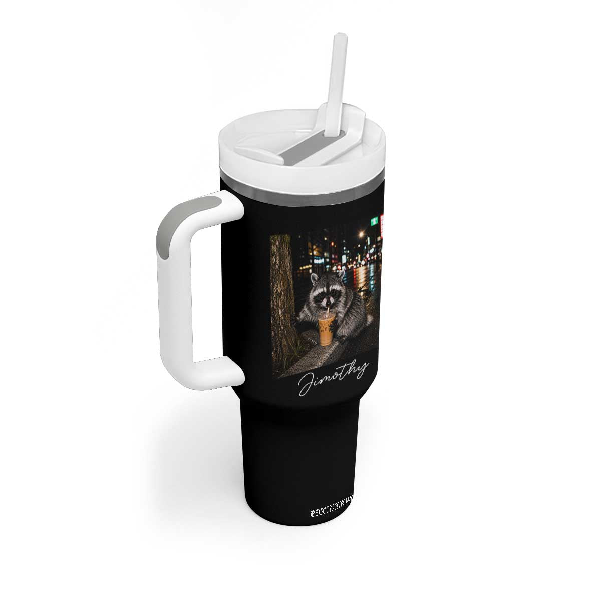 Jimothy Raccoon Drinking Iced Coffee Night City Aesthetic Tumbler With Handle
