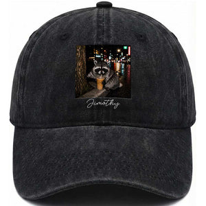 Jimothy Raccoon Drinking Iced Coffee Night City Aesthetic Washed Cotton Baseball Cap