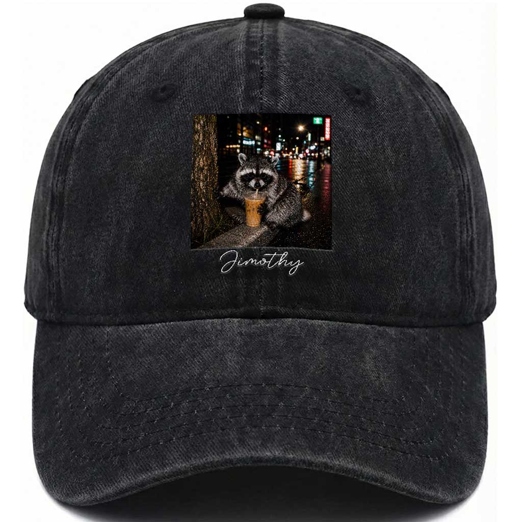 Jimothy Raccoon Drinking Iced Coffee Night City Aesthetic Washed Cotton Baseball Cap TS10 Print Your Wear