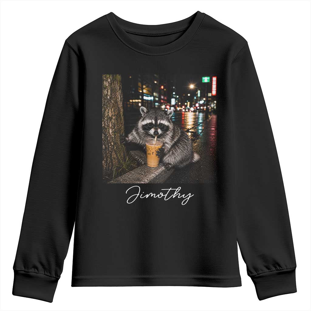 Jimothy Raccoon Drinking Iced Coffee Night City Aesthetic Youth Sweatshirt TS10 Black Print Your Wear