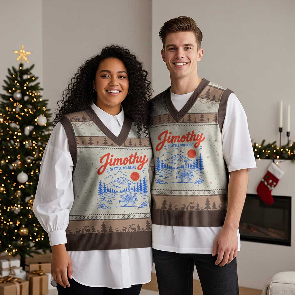 Jimothy Seattle Raccoon V-Neck Knit Sweater Vest Vintage Graphic Viral Short Spine Trash Panda Wildlife