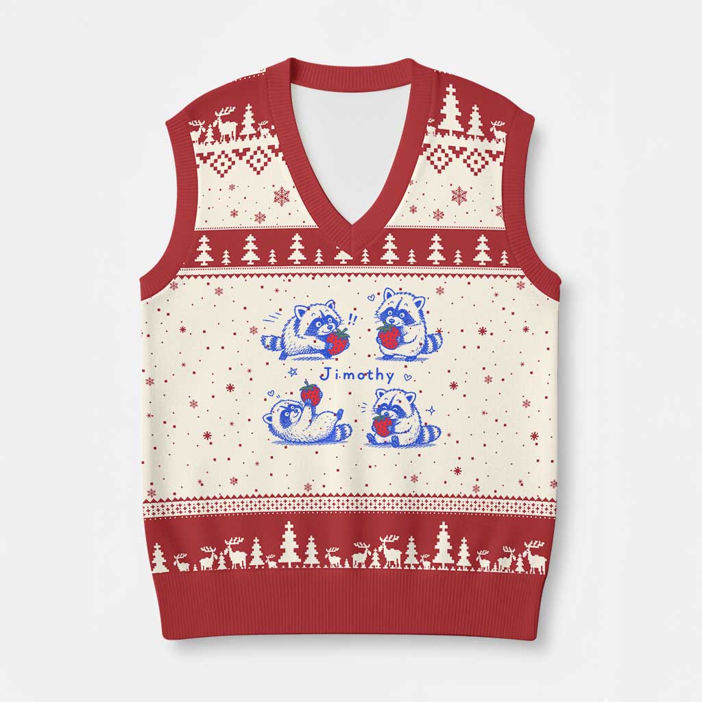 Funny Jimothy Viral Raccoon V-Neck Knit Sweater Vest Cute Baby Trash Panda Strawberry TS10 Beige Red Print Your Wear