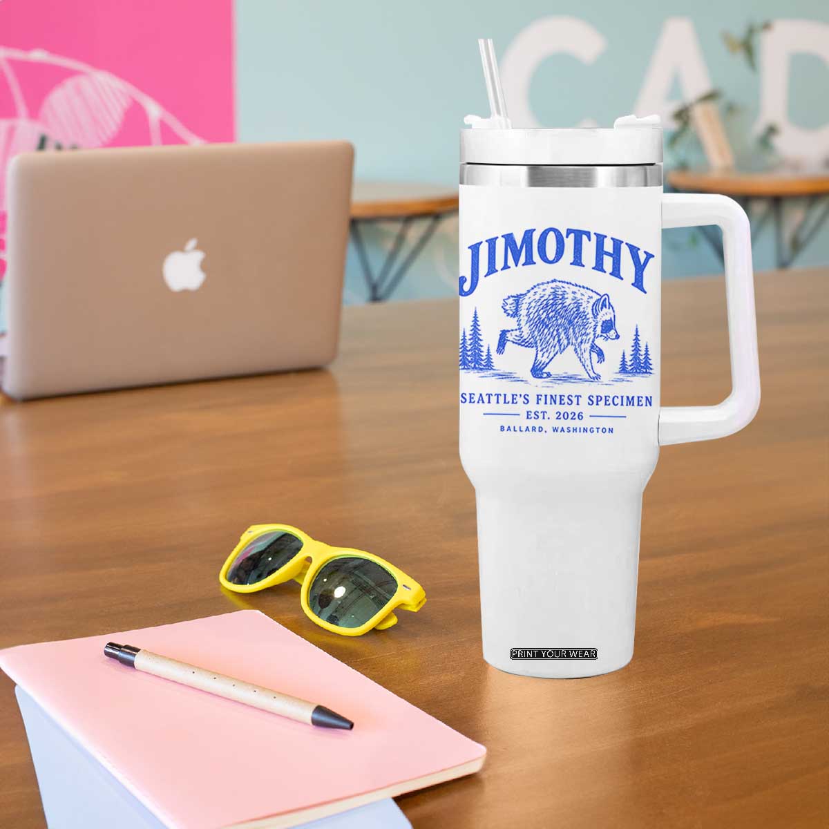 Jimothy Viral Raccoon From Seattle Tumbler With Handle Funny Trash Panda Wildlife Seattle Feral Legend