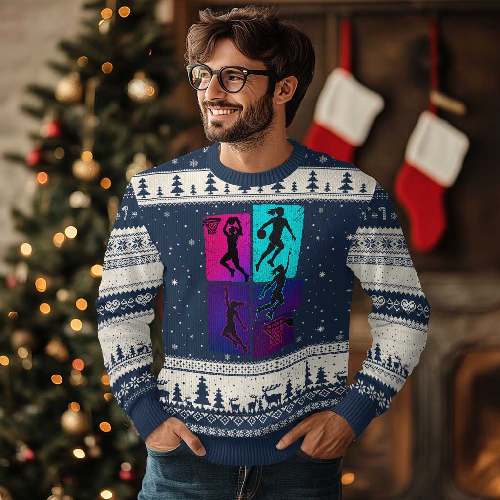 Basketball Girls Ugly Christmas Sweater Retro Neon Girl Dunk Hoop Sports TS10 Navy Beige Print Your Wear