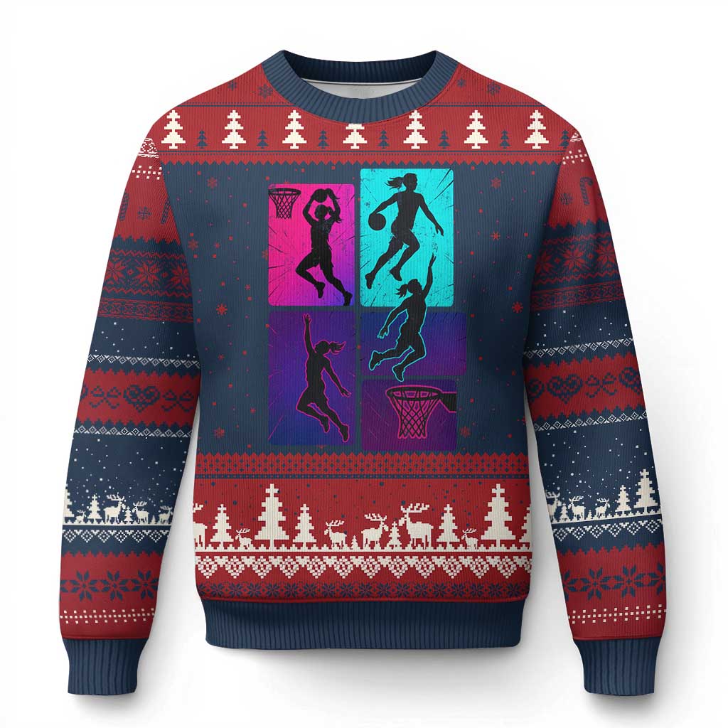 Basketball Girls Ugly Christmas Sweater Retro Neon Girl Dunk Hoop Sports TS10 Navy Red Print Your Wear