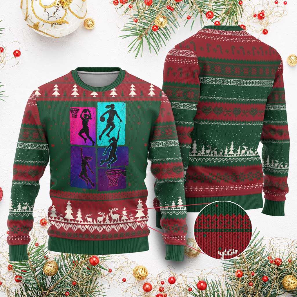 Basketball Girls Ugly Christmas Sweater Retro Neon Girl Dunk Hoop Sports TS10 Red Green Print Your Wear