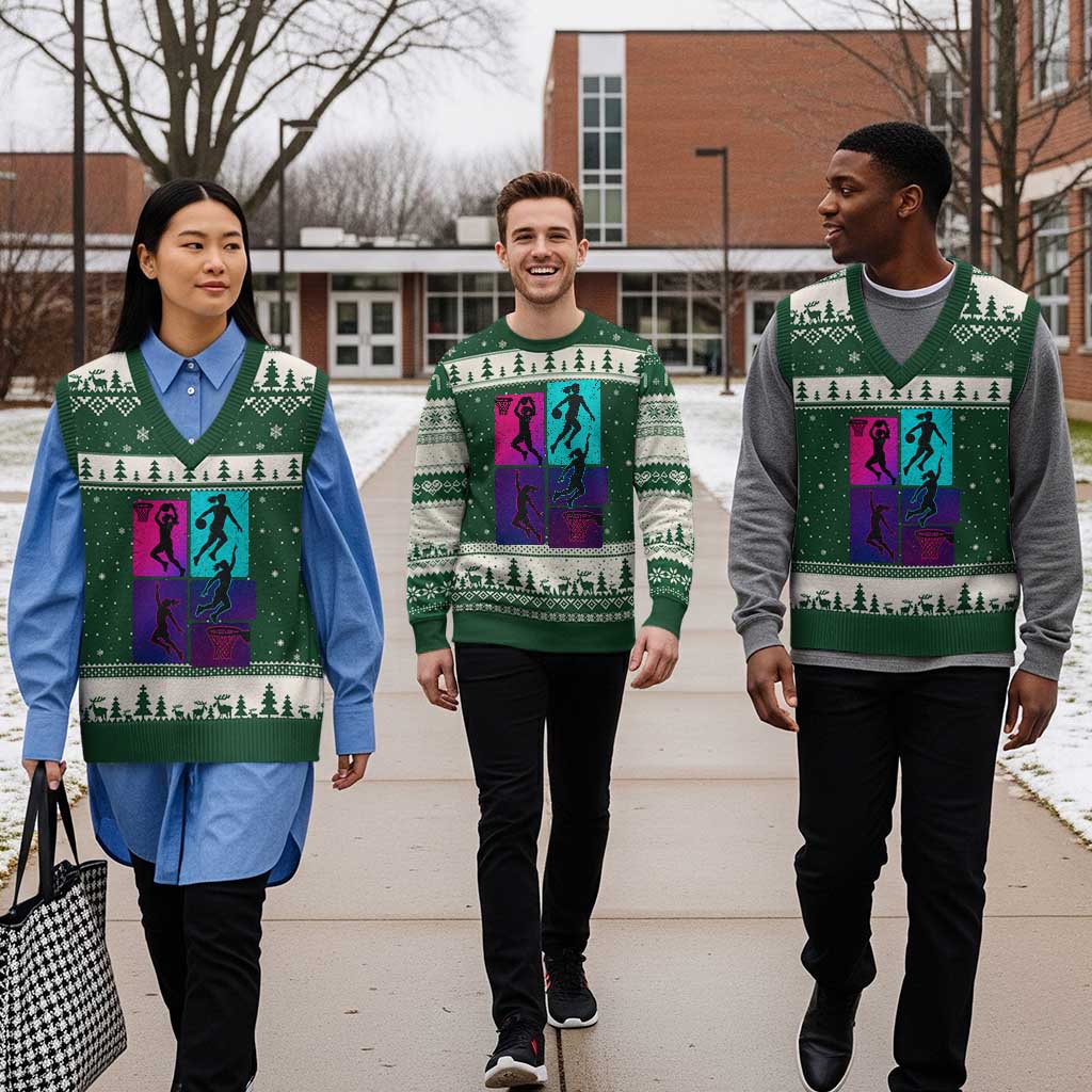 Basketball Girls V-Neck Knit Sweater Vest Retro Neon Girl Dunk Hoop Sports TS10 Forest Green Beige Print Your Wear