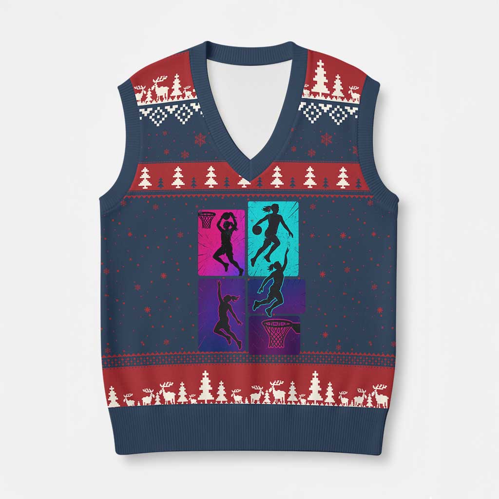 Basketball Girls V-Neck Knit Sweater Vest Retro Neon Girl Dunk Hoop Sports TS10 Navy Red Print Your Wear