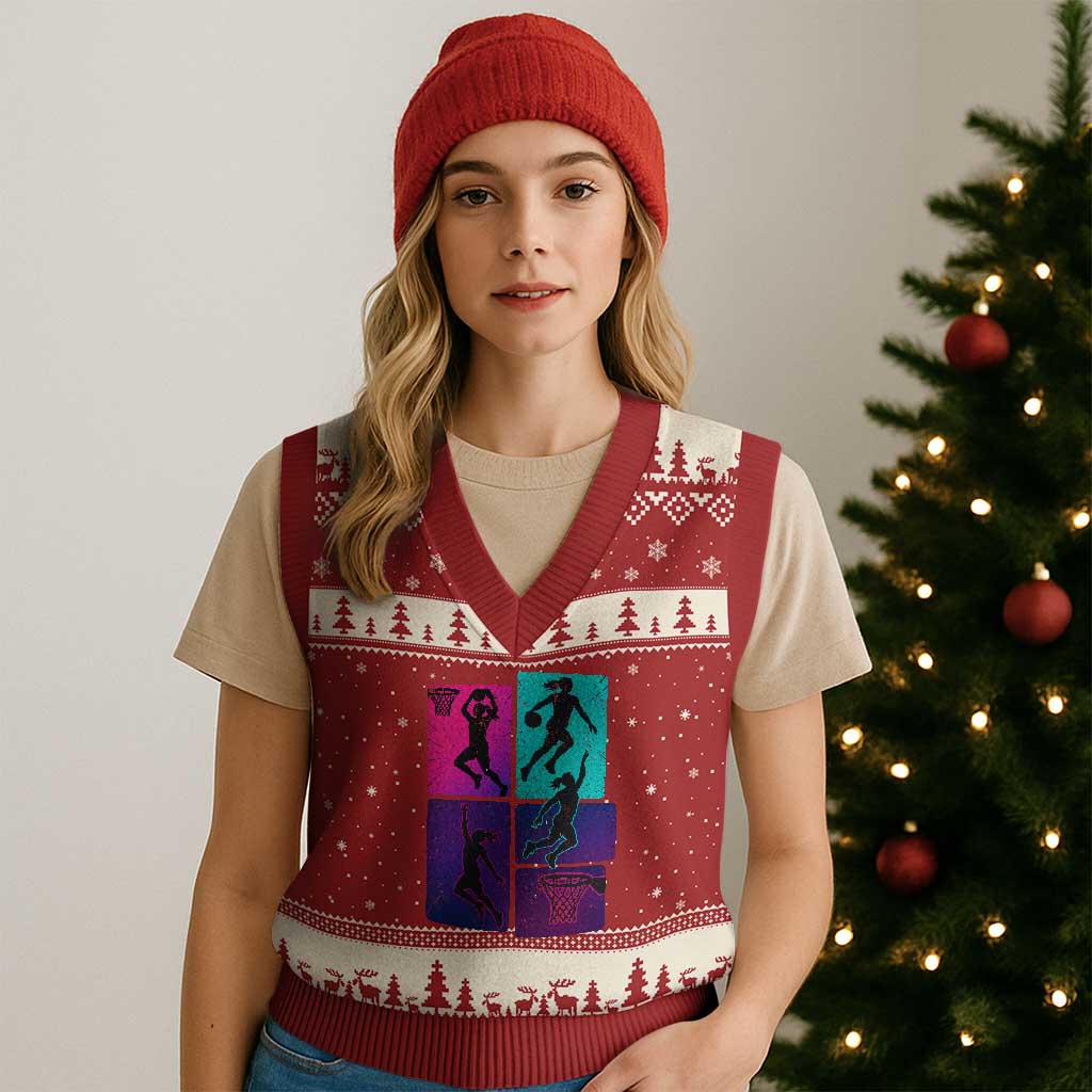 Basketball Girls V-Neck Knit Sweater Vest Retro Neon Girl Dunk Hoop Sports TS10 Red Beige Print Your Wear