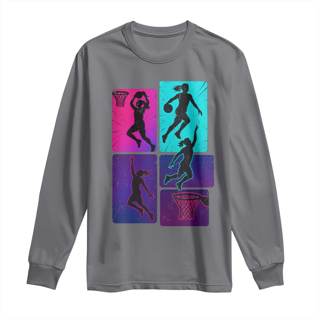 Basketball Girls Long Sleeve Shirt Retro Neon Girl Dunk Hoop Sports TS10 Charcoal Print Your Wear