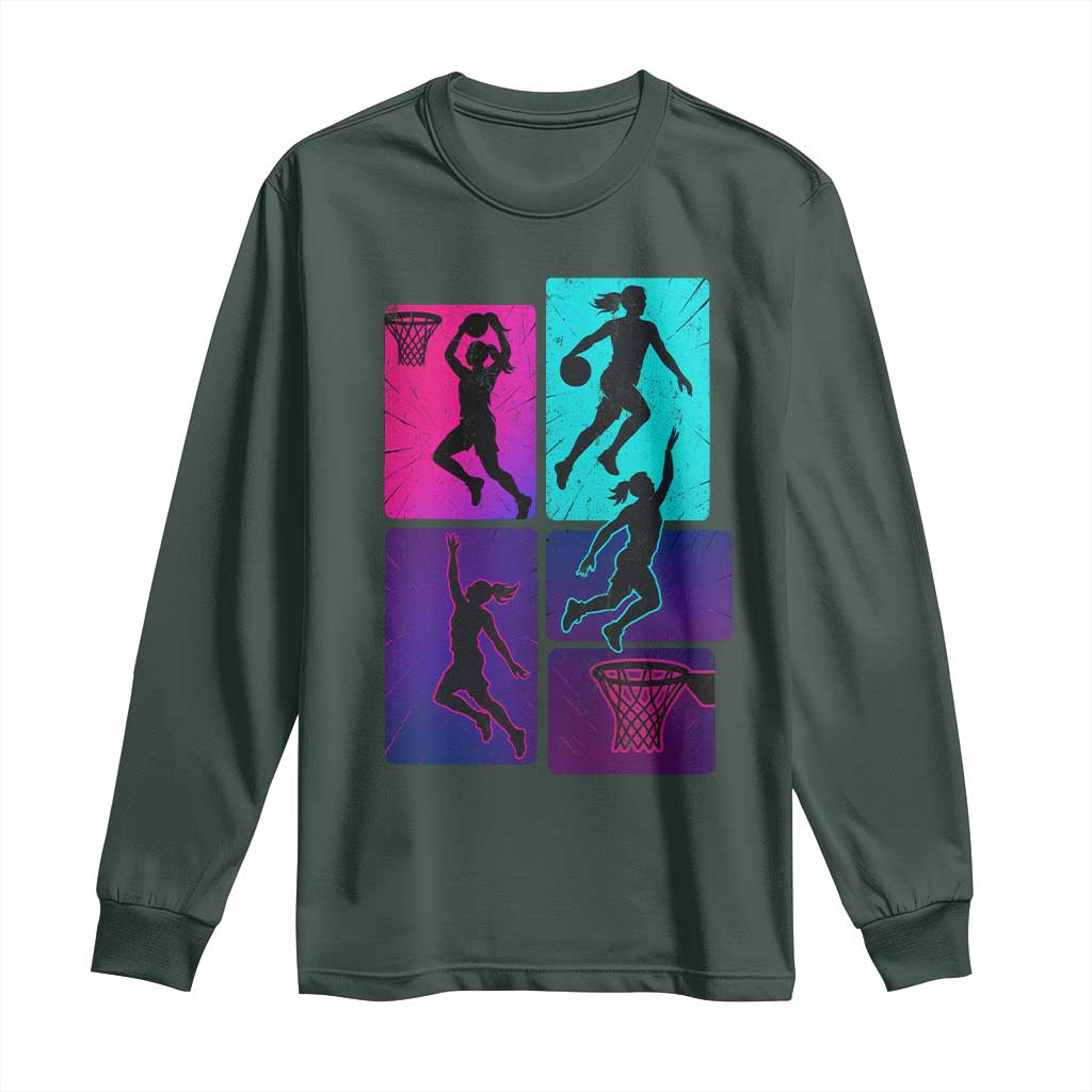 Basketball Girls Long Sleeve Shirt Retro Neon Girl Dunk Hoop Sports TS10 Dark Forest Green Print Your Wear