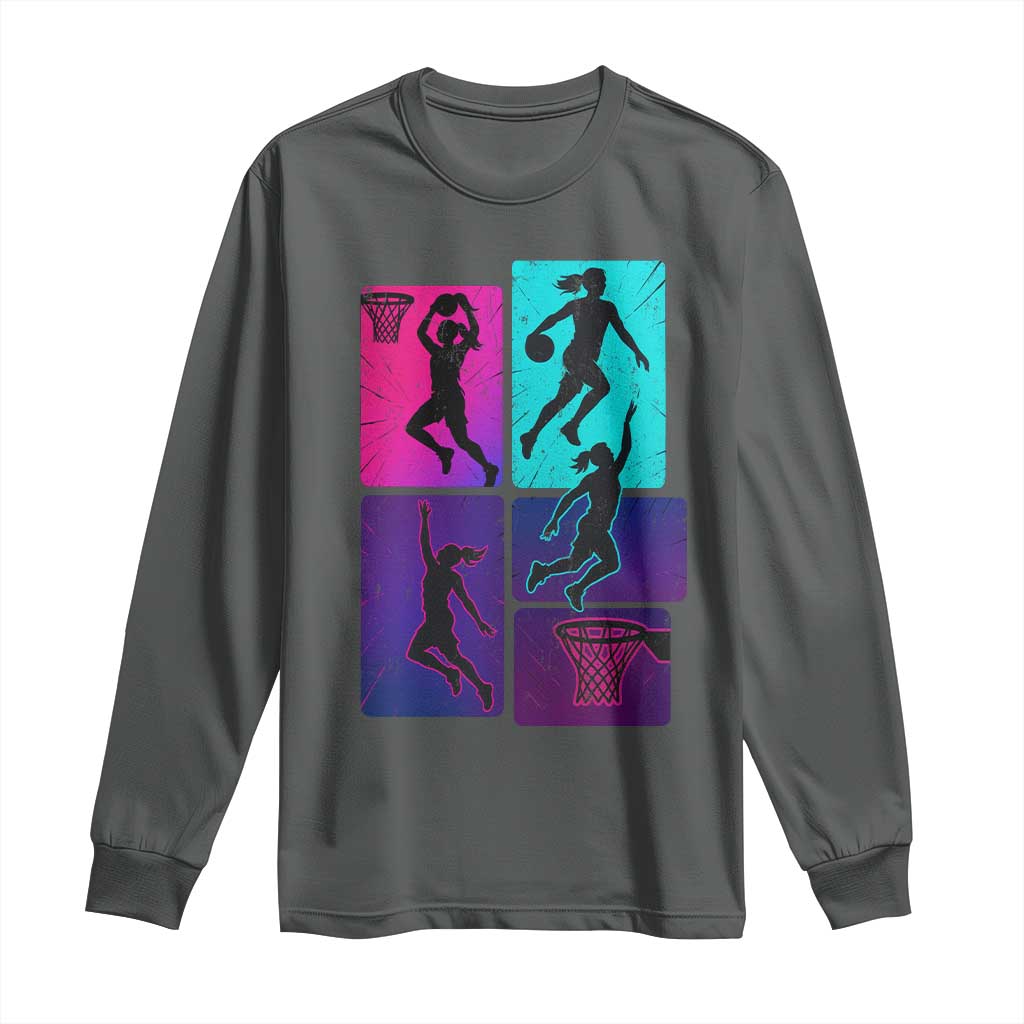 Basketball Girls Long Sleeve Shirt Retro Neon Girl Dunk Hoop Sports TS10 Dark Heather Print Your Wear