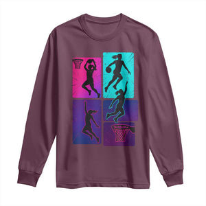 Basketball Girls Long Sleeve Shirt Retro Neon Girl Dunk Hoop Sports TS10 Maroon Print Your Wear