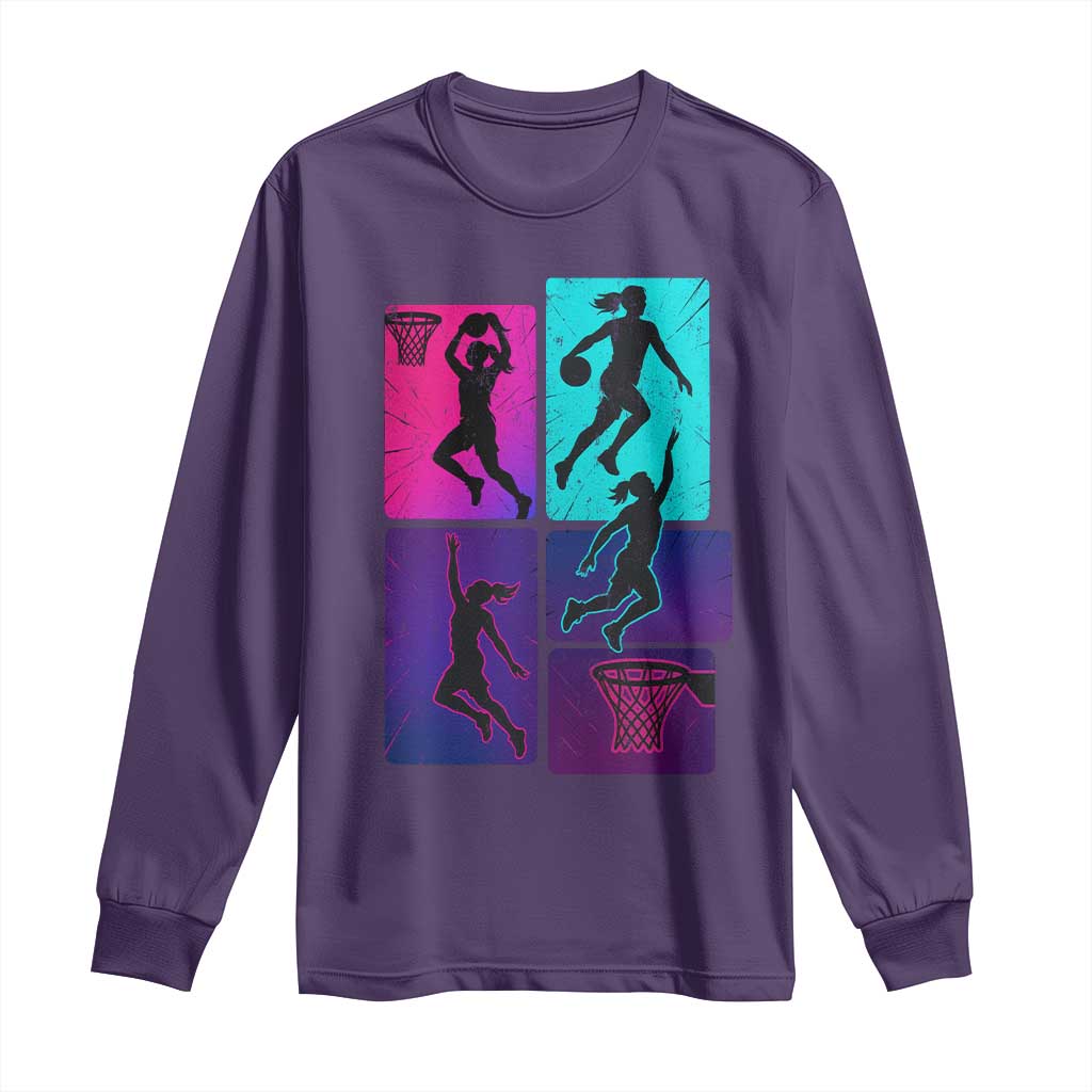 Basketball Girls Long Sleeve Shirt Retro Neon Girl Dunk Hoop Sports TS10 Purple Print Your Wear
