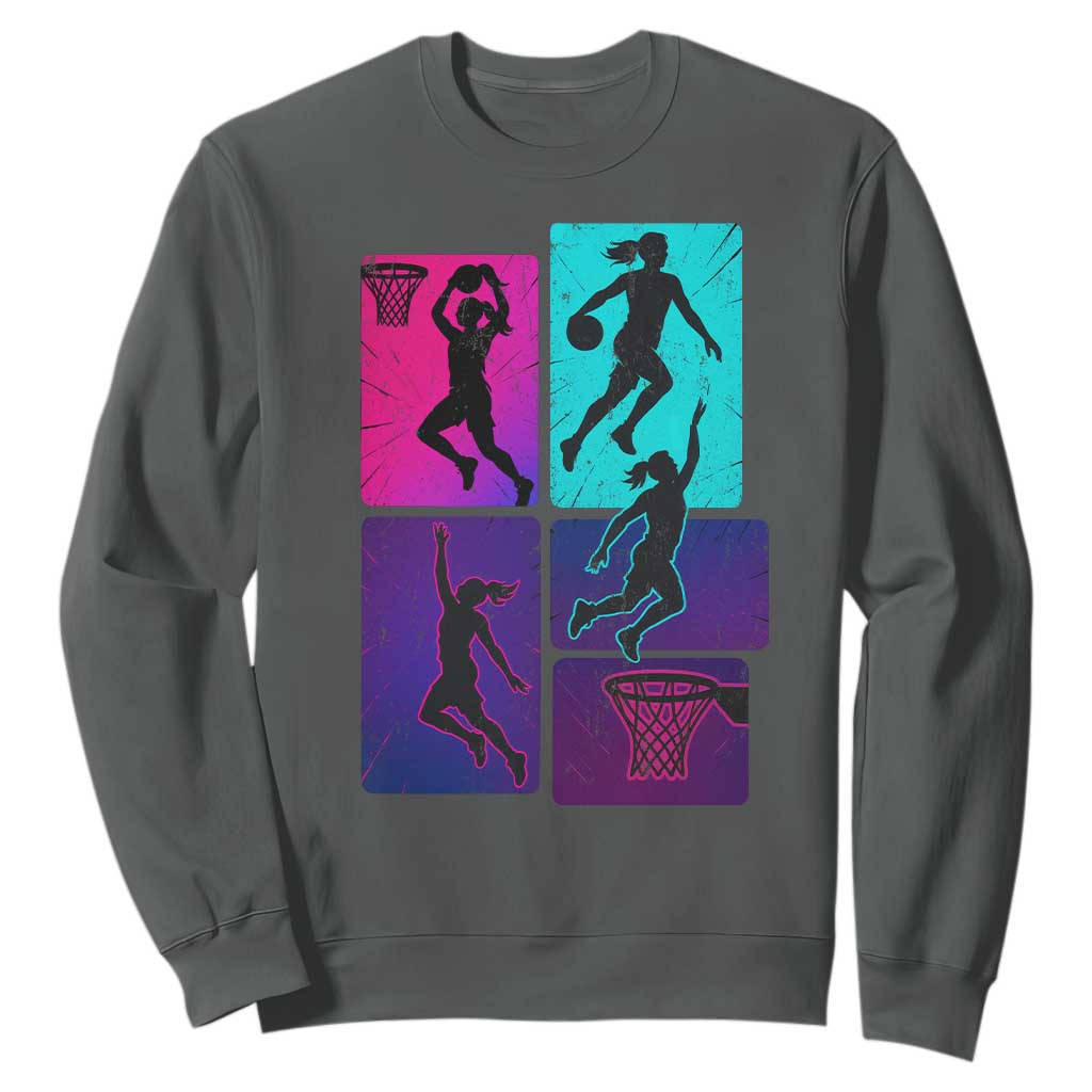 Basketball Girls Sweatshirt Retro Neon Girl Dunk Hoop Sports TS10 Dark Heather Print Your Wear