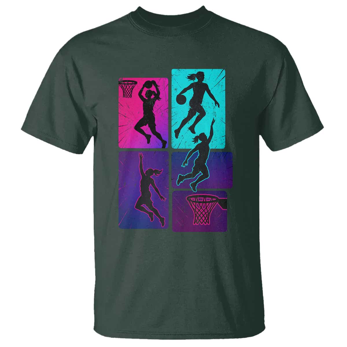 Basketball Girls T Shirt Retro Neon Girl Dunk Hoop Sports TS10 Dark Forest Green Print Your Wear