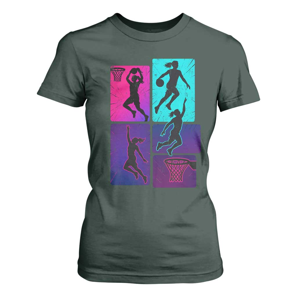 Basketball Girls T Shirt For Women Retro Neon Girl Dunk Hoop Sports TS10 Dark Forest Green Print Your Wear
