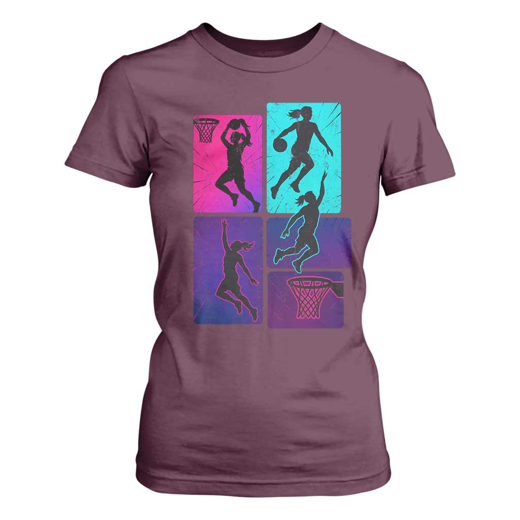 Basketball Girls T Shirt For Women Retro Neon Girl Dunk Hoop Sports TS10 Maroon Print Your Wear