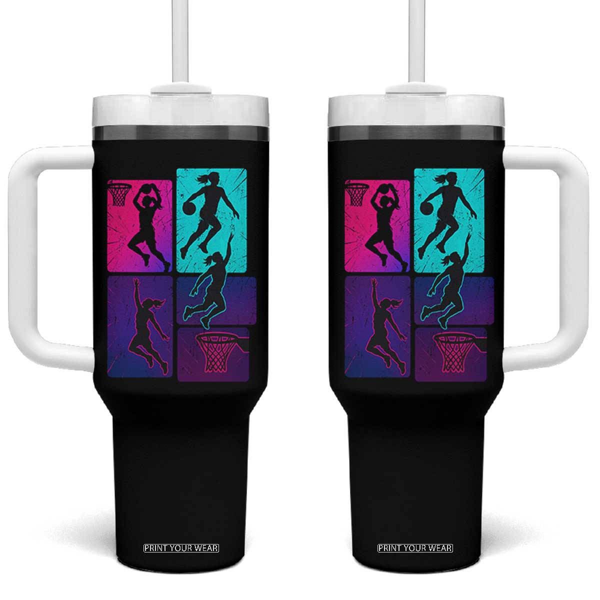 Basketball Girls Tumbler With Handle Retro Neon Girl Dunk Hoop Sports TS10 One Size: 40 oz Black Print Your Wear