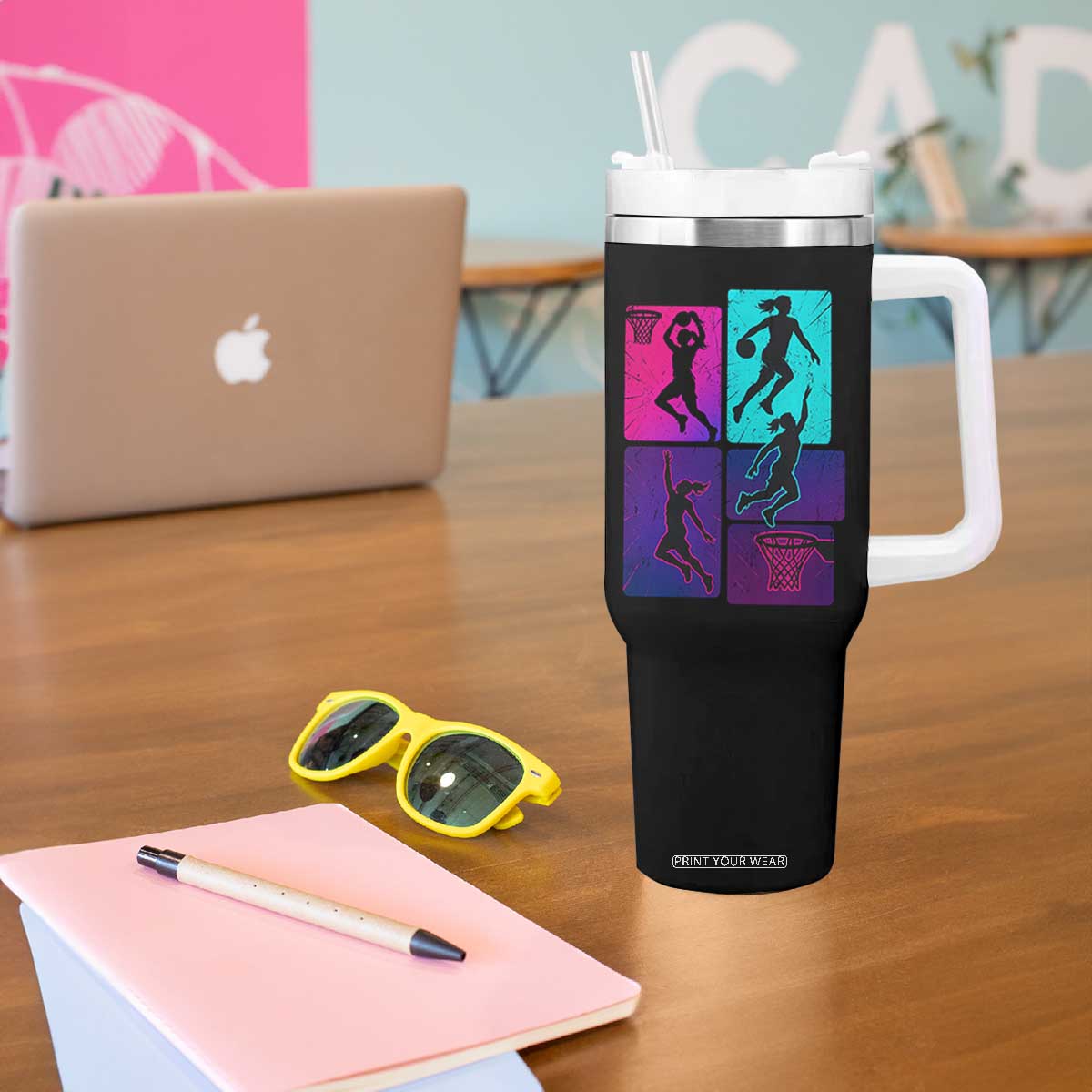 Basketball Girls Tumbler With Handle Retro Neon Girl Dunk Hoop Sports TS10 Print Your Wear