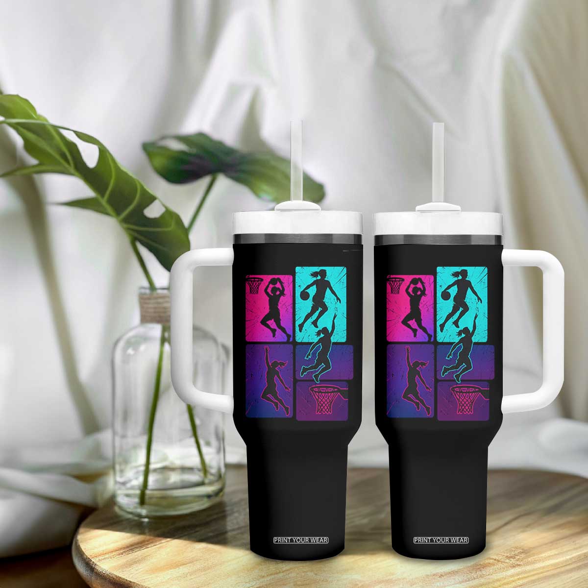 Basketball Girls Tumbler With Handle Retro Neon Girl Dunk Hoop Sports TS10 Print Your Wear