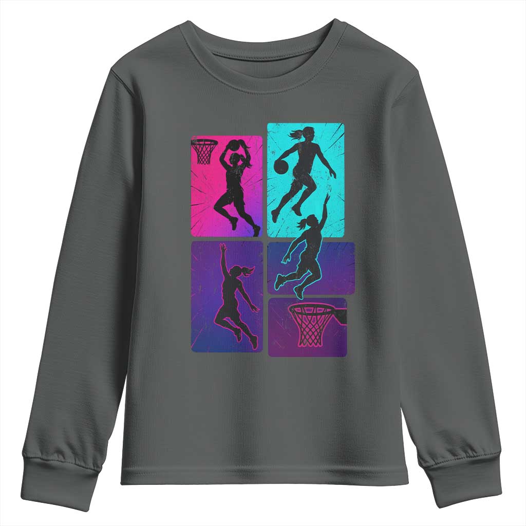 Basketball Girls Youth Sweatshirt Retro Neon Girl Dunk Hoop Sports TS10 Dark Heather Print Your Wear