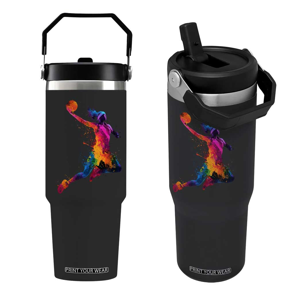 Basketball Girls Flip Straw Tumbler Retro Vintage Watercolors Sport Splash Hoop Net Slam Dunk TS10 One Size: 30 oz Black Print Your Wear