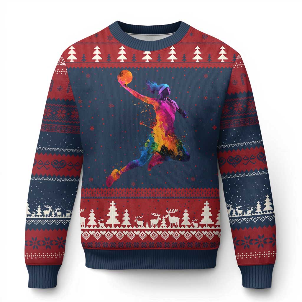 Basketball Girls Ugly Christmas Sweater Retro Vintage Watercolors Sport Splash Hoop Net Slam Dunk TS10 Navy Red Print Your Wear