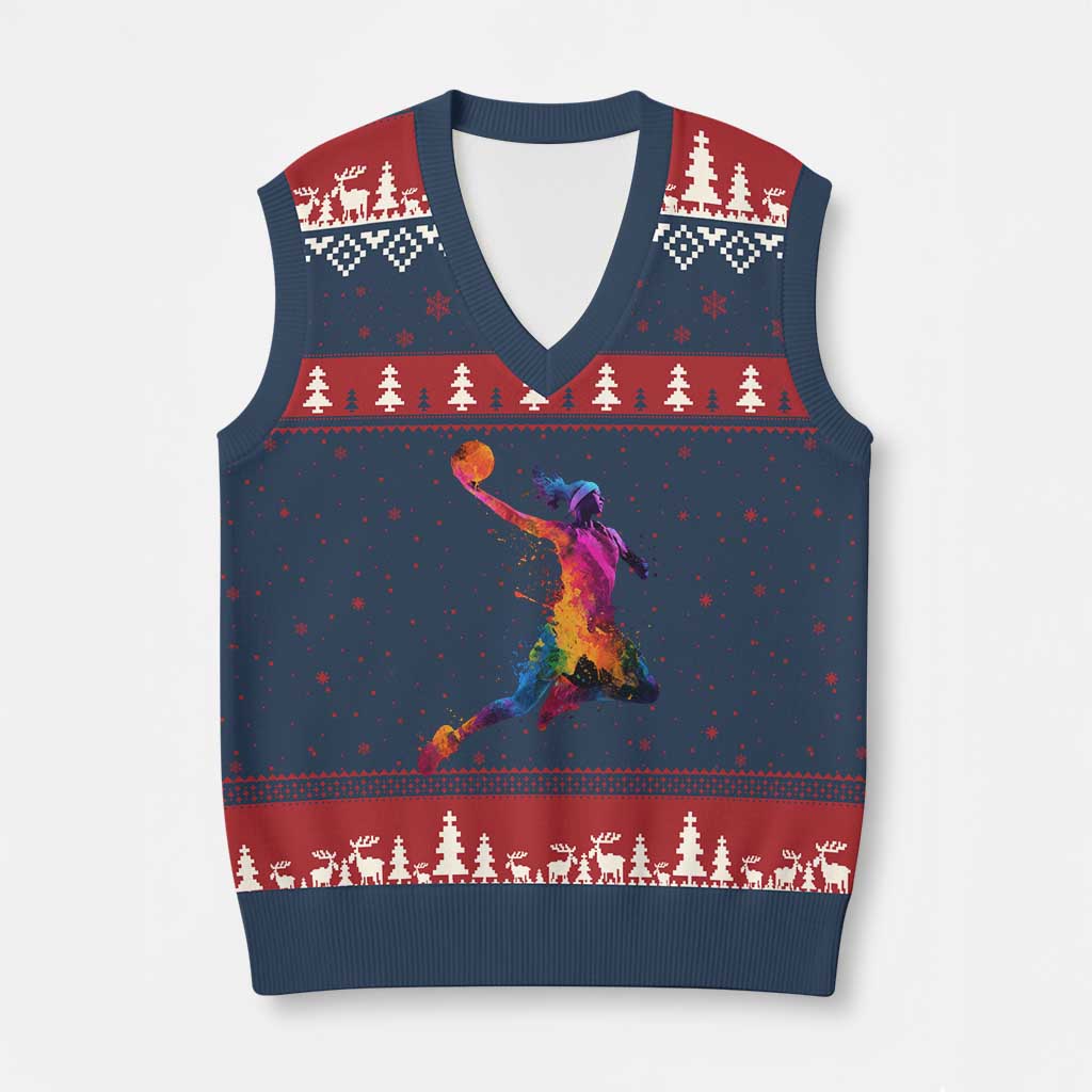 Basketball Girls V-Neck Knit Sweater Vest Retro Vintage Watercolors Sport Splash Hoop Net Slam Dunk TS10 Navy Red Print Your Wear