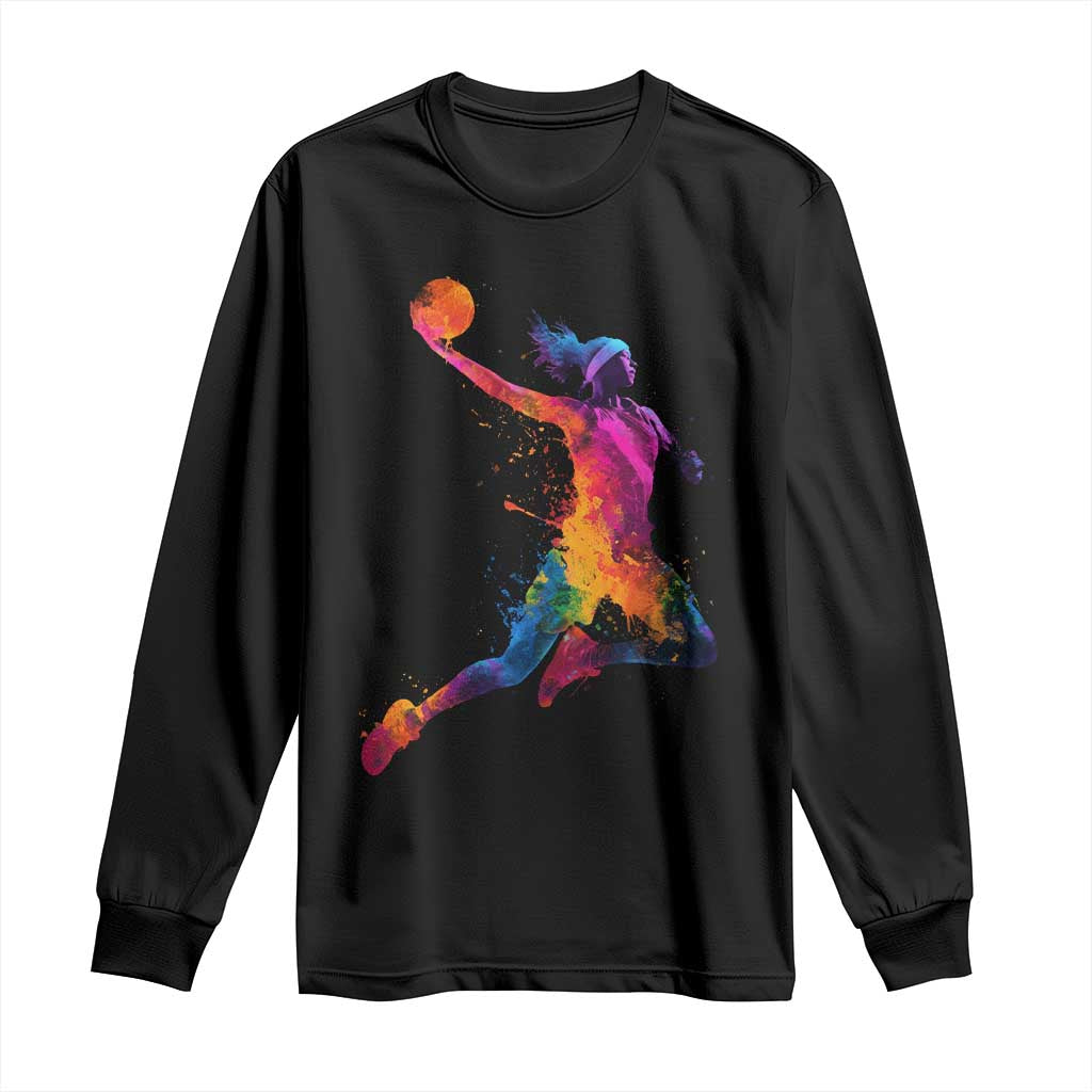 Basketball Girls Long Sleeve Shirt Retro Vintage Watercolors Sport Splash Hoop Net Slam Dunk TS10 Black Print Your Wear