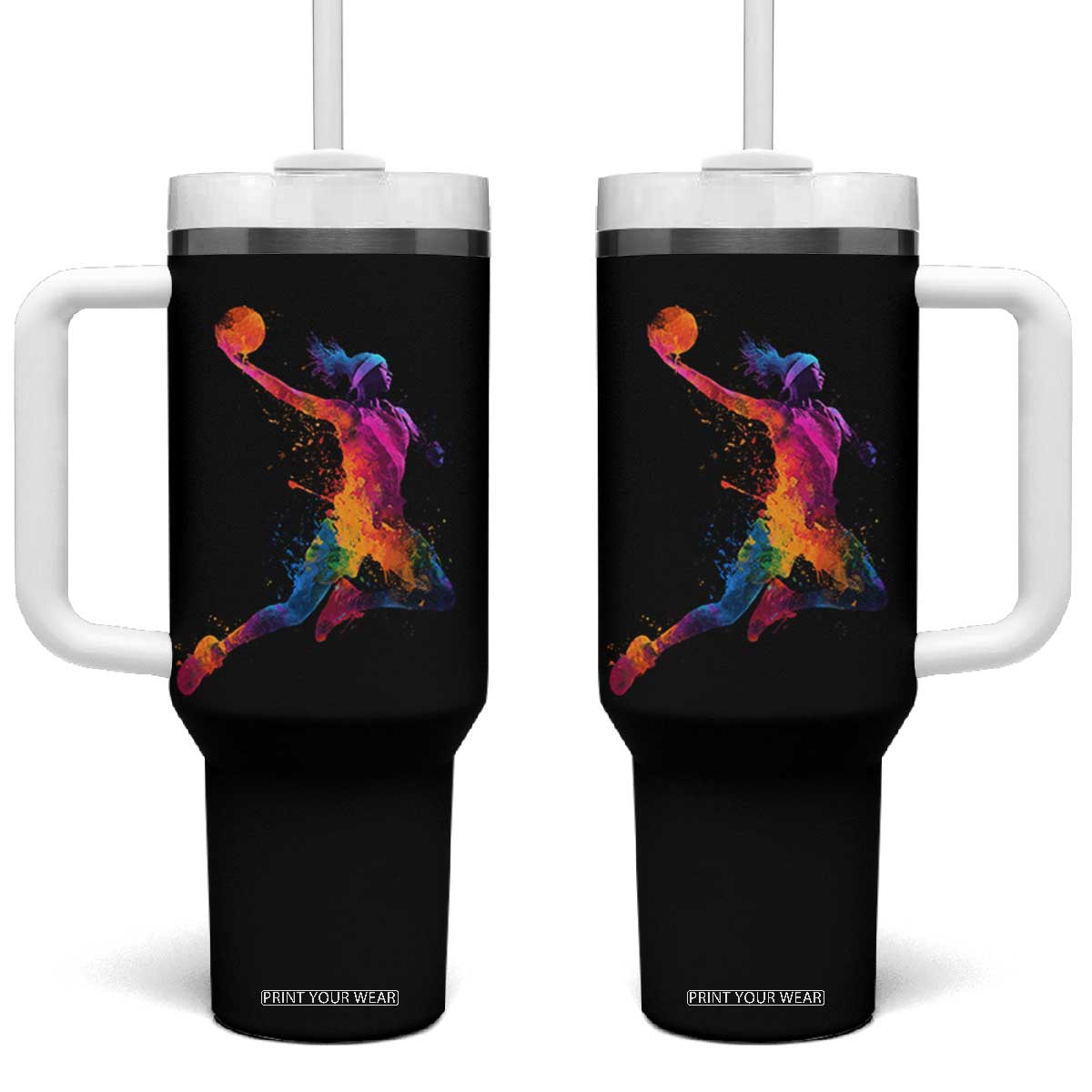 Basketball Girls Tumbler With Handle Retro Vintage Watercolors Sport Splash Hoop Net Slam Dunk TS10 One Size: 40 oz Black Print Your Wear
